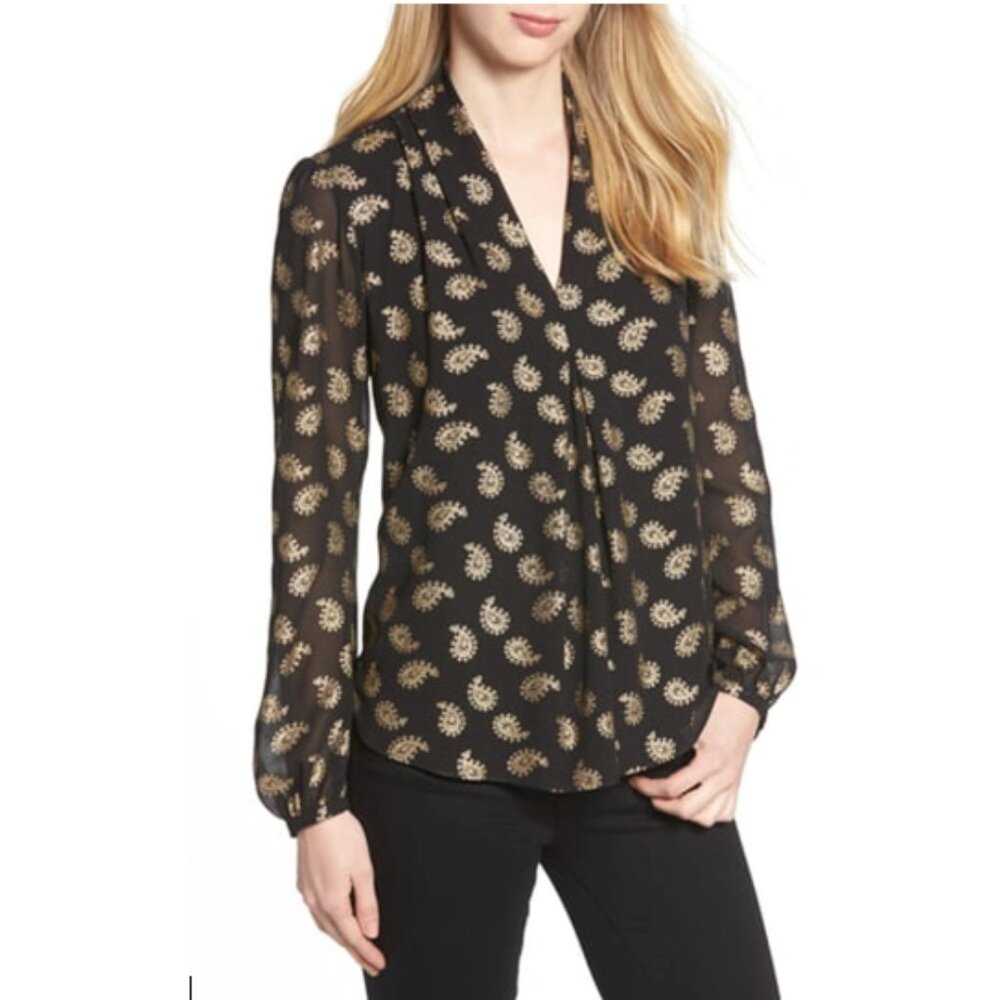 ✨ Michael Michael Kors Black Gold Paisley Sheer Blouse – Size S